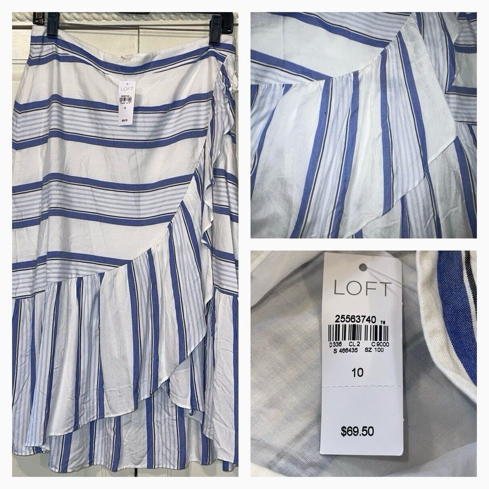 NWT LOFT Blue and White Striped Ruffle Midi Skirt